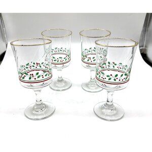 Set Of 4 Libby  Vintage Christmas Holly & Berry Water Goblets With Gold Rim